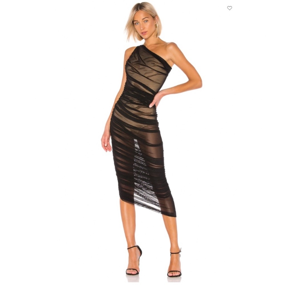 Norma Kamali Diana Black Mesh Bodysuit One Shoulder Asymmetrical Dress Size XS